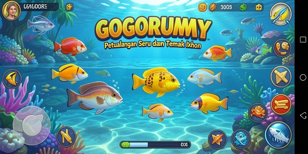 Screenshot GOGORUMMY menampilkan aksi tangkap ikan yang seru.