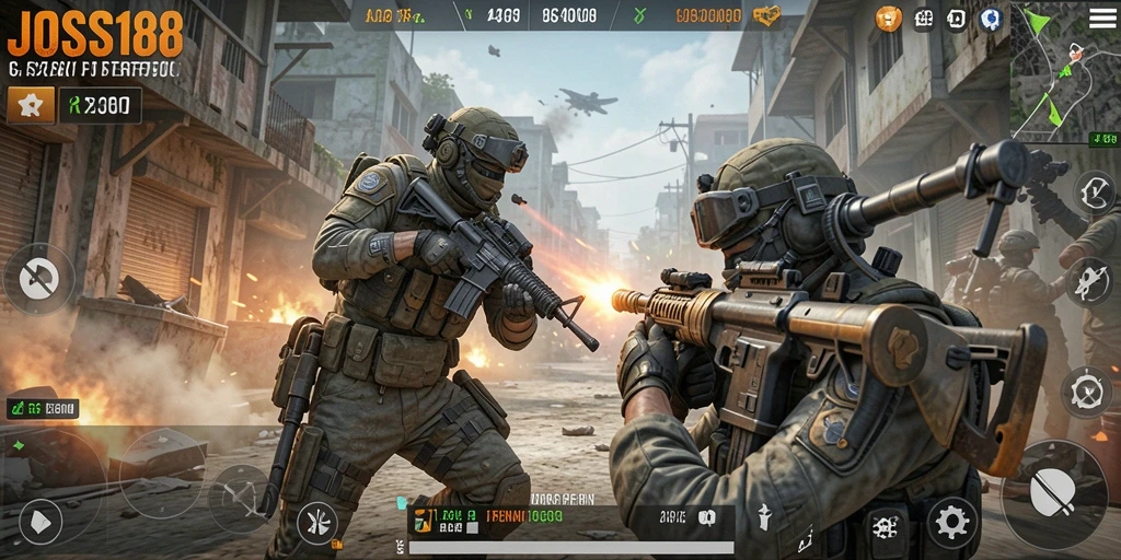 Screenshot gameplay JOSS188 yang menampilkan pertempuran FPS yang mendebarkan.