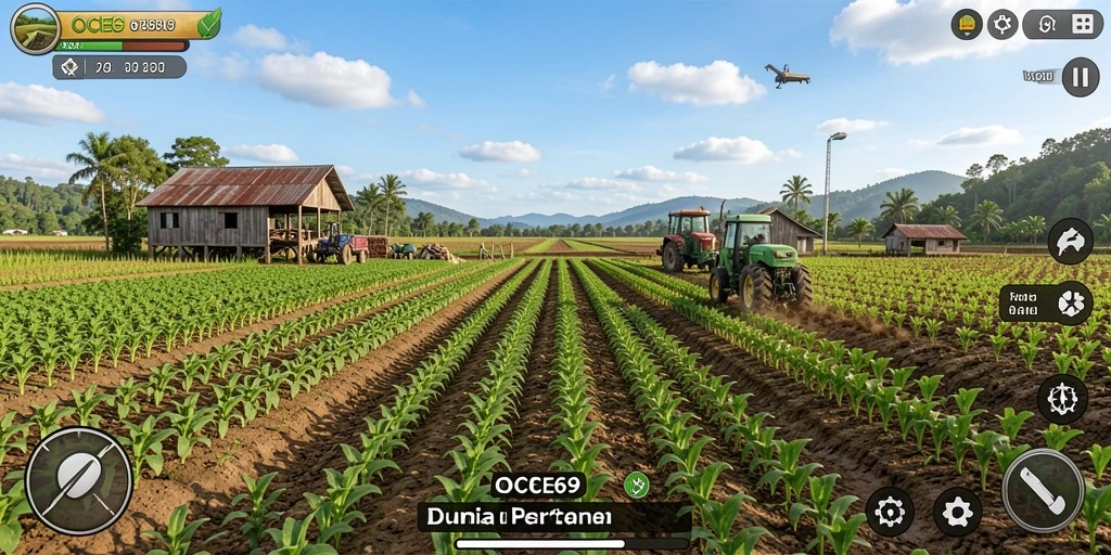Screenshot gameplay OCE69 menampilkan suasana pertanian yang cerah dan aktif.