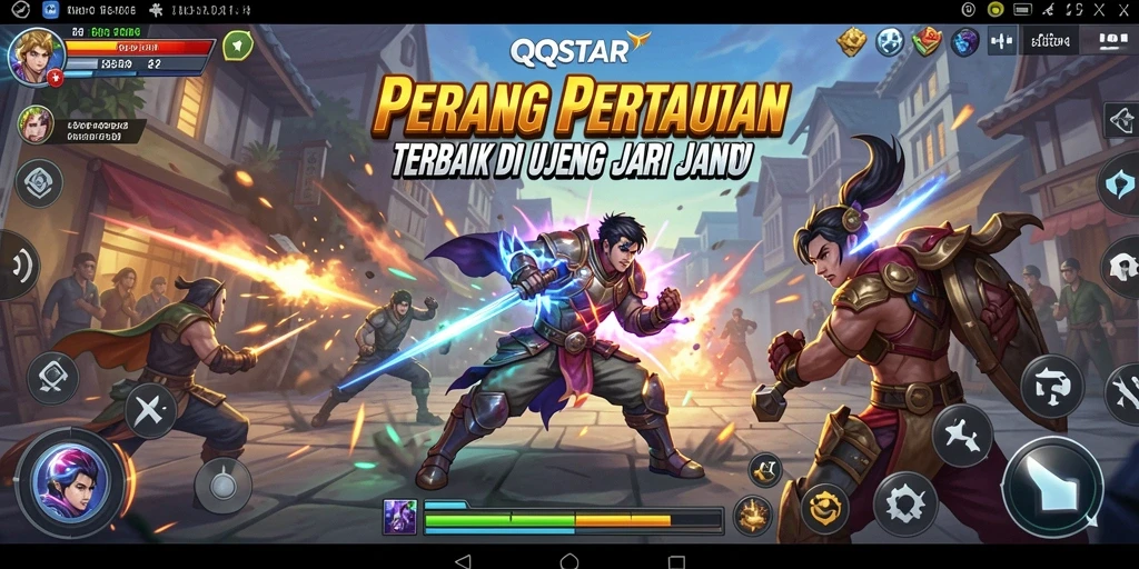 Screenshot menampilkan pertarungan intens dalam QQSTAR dengan karakter yang unik.