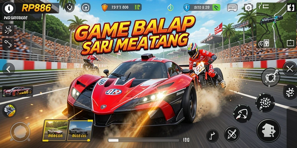 Gameplay seru RP886 dengan berbagai mobil balap dan lintasan menantang.