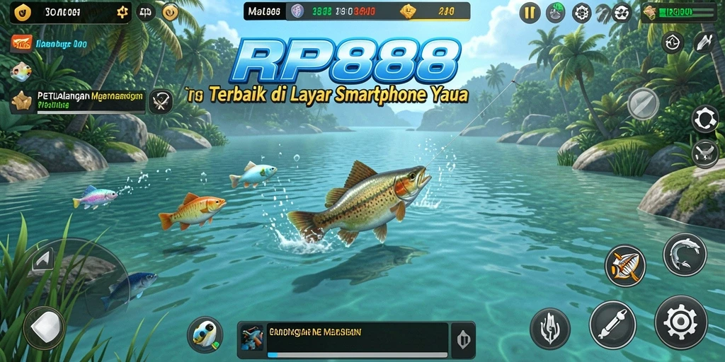 Gameplay RP888 dengan pemandangan memancing yang menakjubkan.